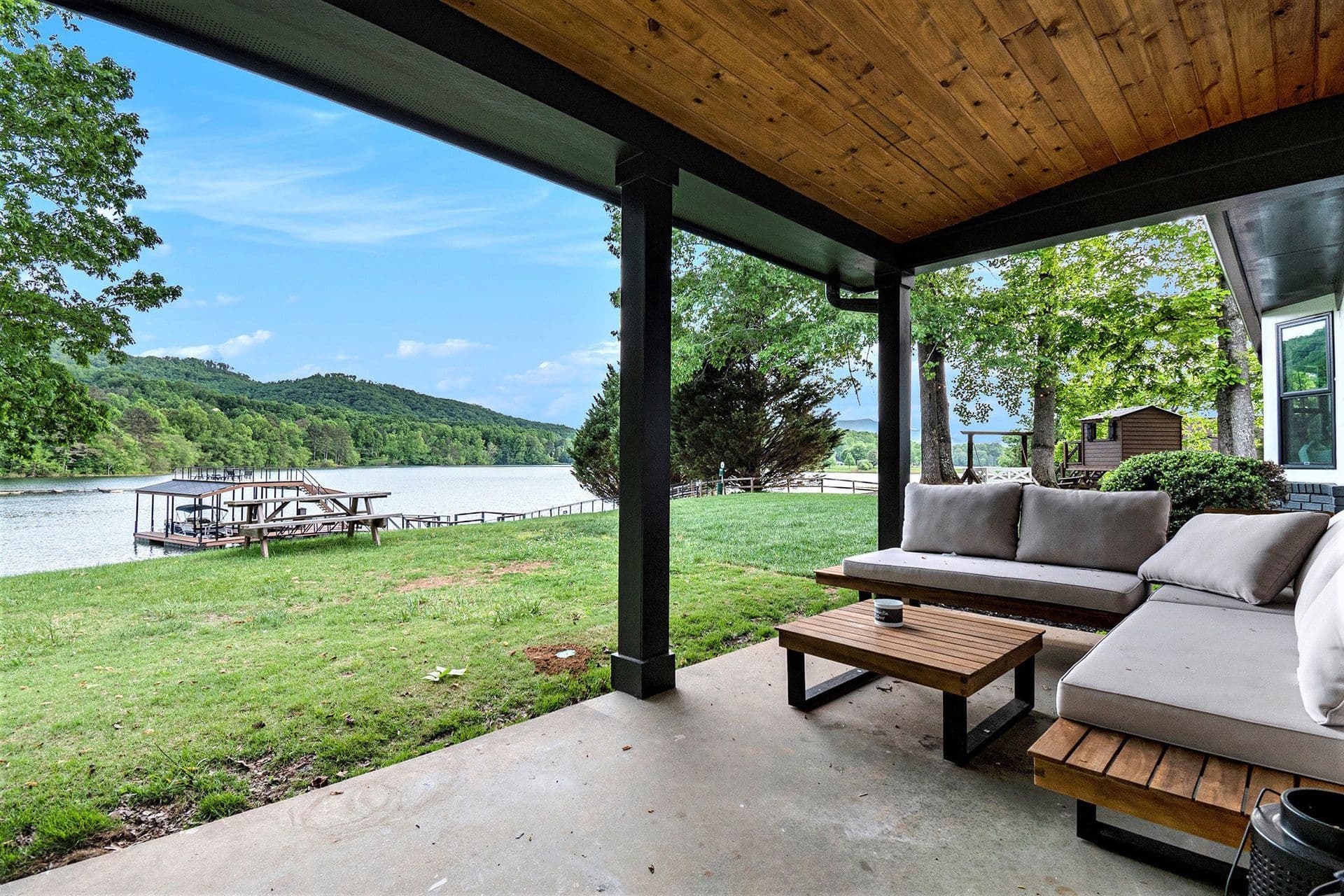 Mountain and lake views from cabin porch at Tranquille Resort