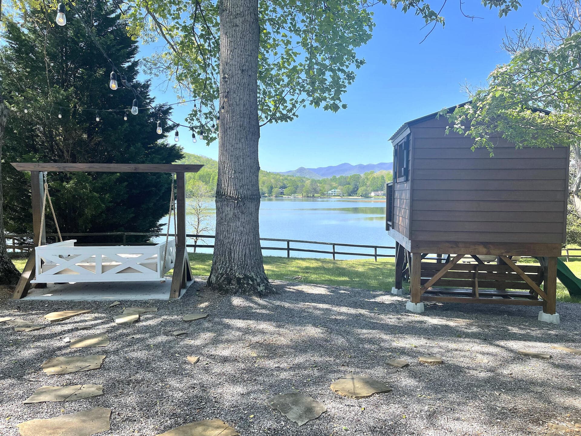 Outdoor bed swing for two overlooking Lake Chatuge
