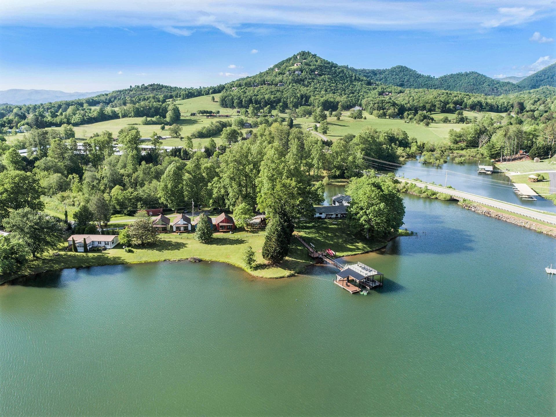 Aerial view of Lake Chatuge surrounded by North Georgia mountains