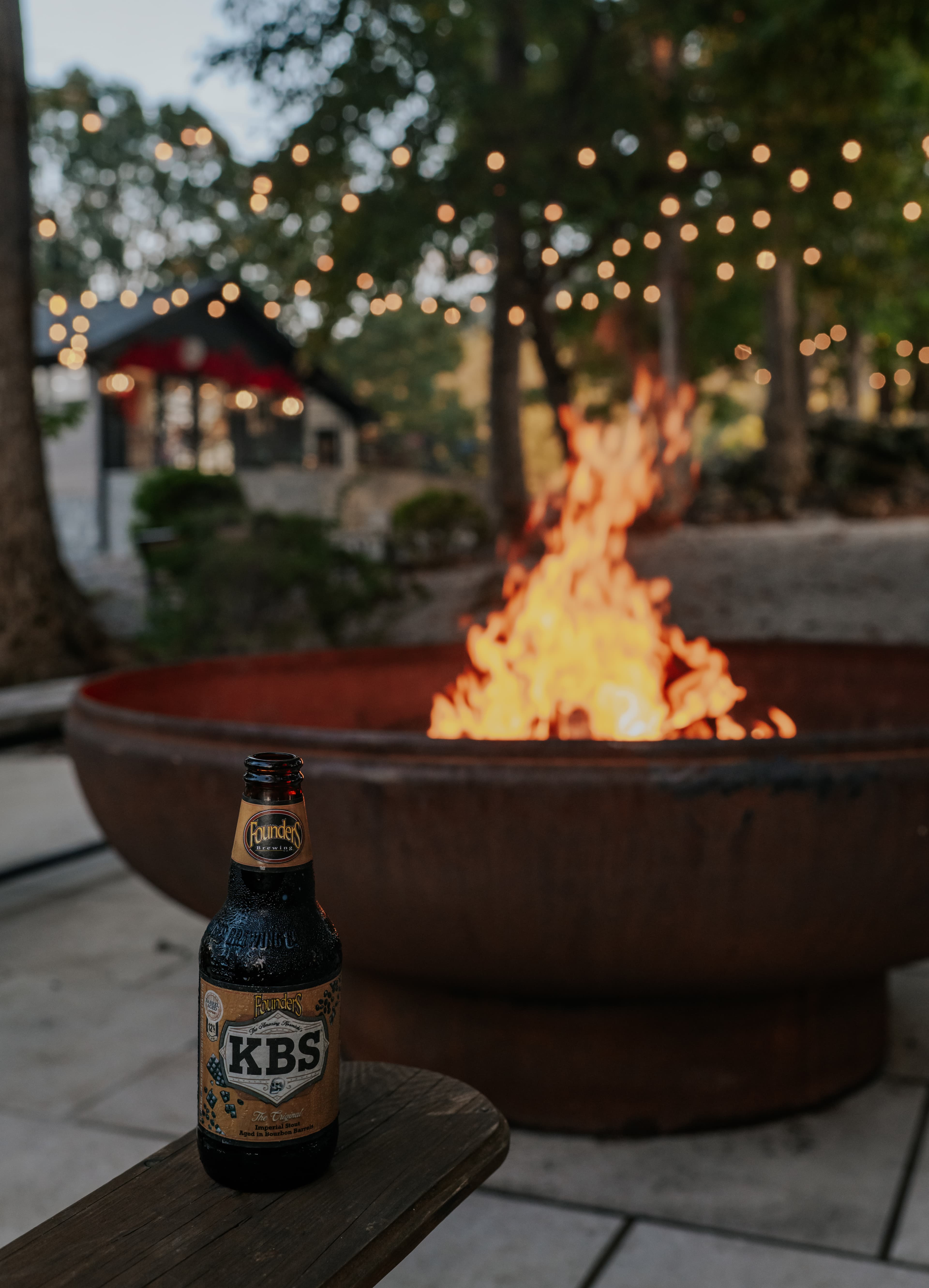 Fire pit with string lights at Tranquille Resort — family reunion gathering space in North Georgia