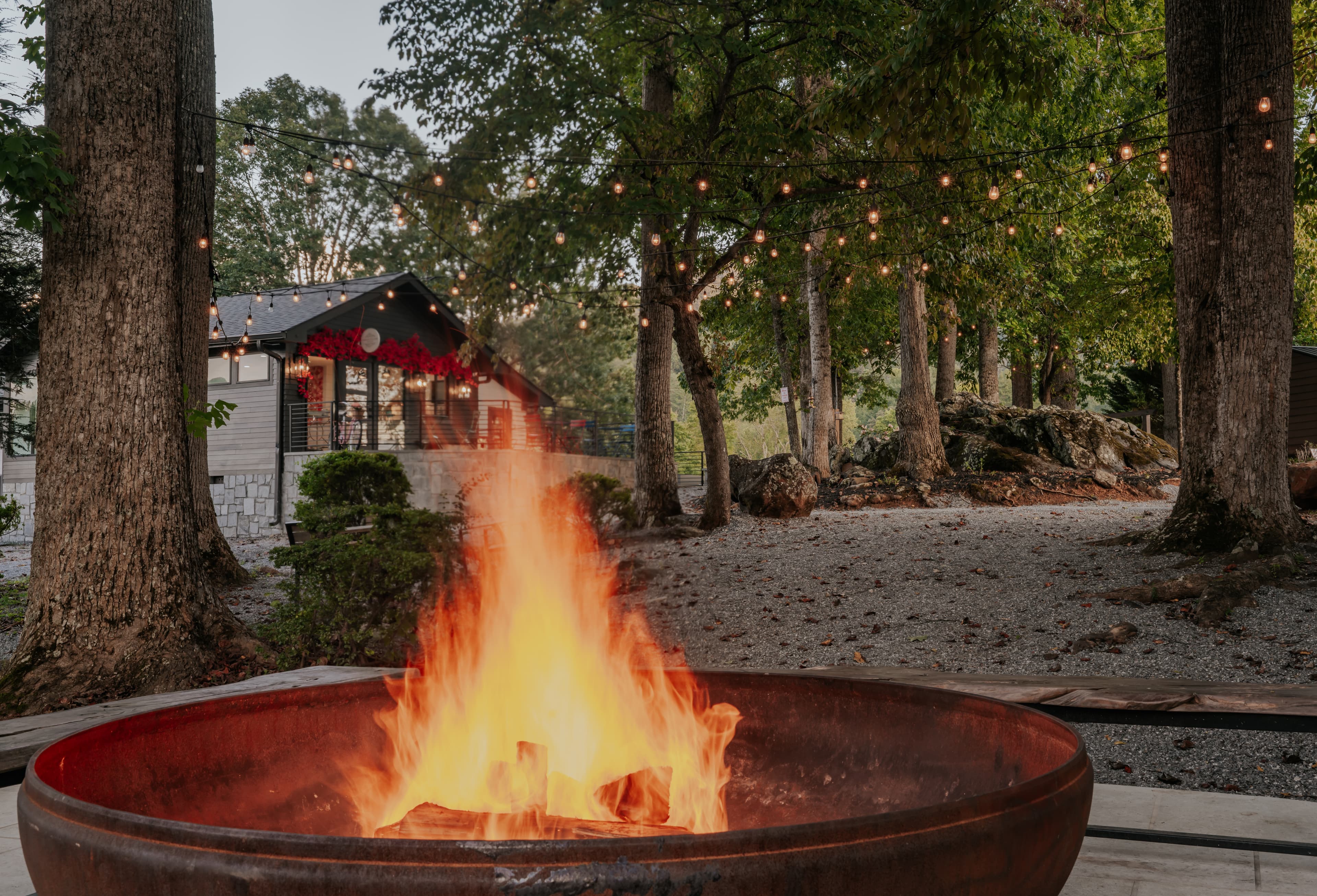 Bonfire pit at twilight at Tranquille Resort on Lake Chatuge