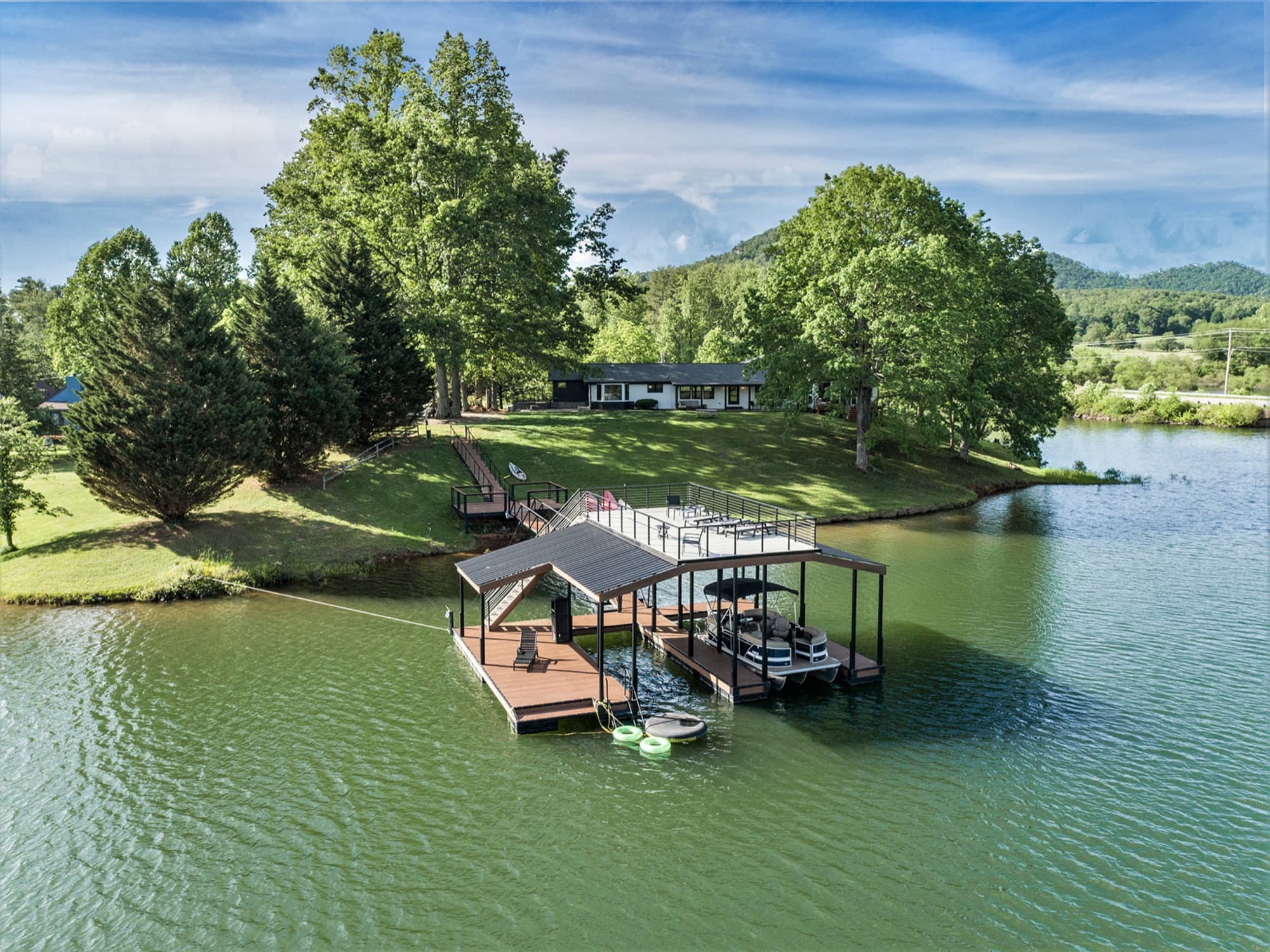 Aerial view of Tranquille Resort's private dock on Lake Chatuge