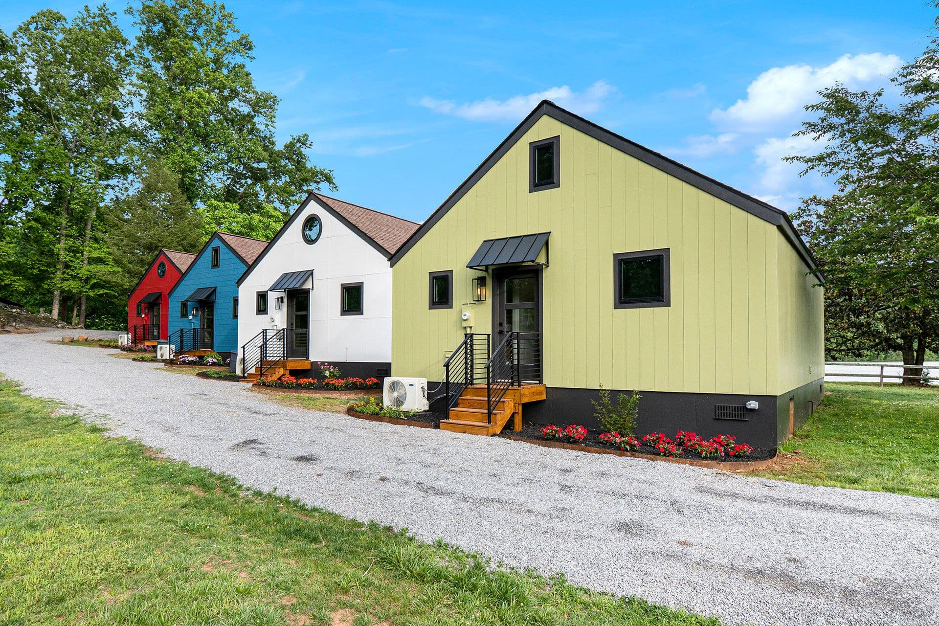 Row of pet-friendly lakeside cabins on Lake Chatuge at Tranquille Resort Hiawassee Georgia