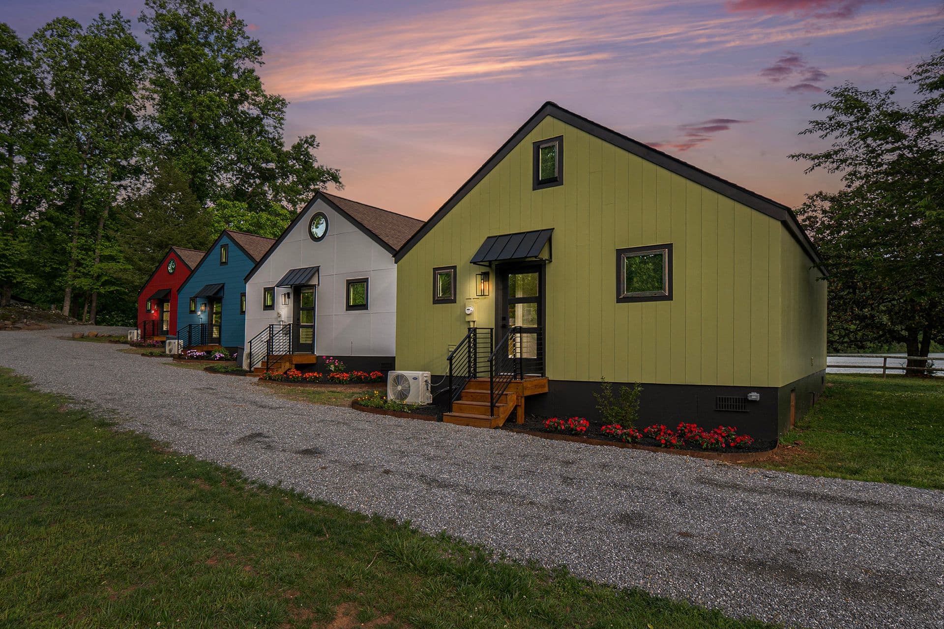 Tranquille Resort lakeside cabins at twilight — perfect event venue on Lake Chatuge